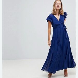 ASOS Petite Blue Pleated Maxi Dress with Flutter Sleeves